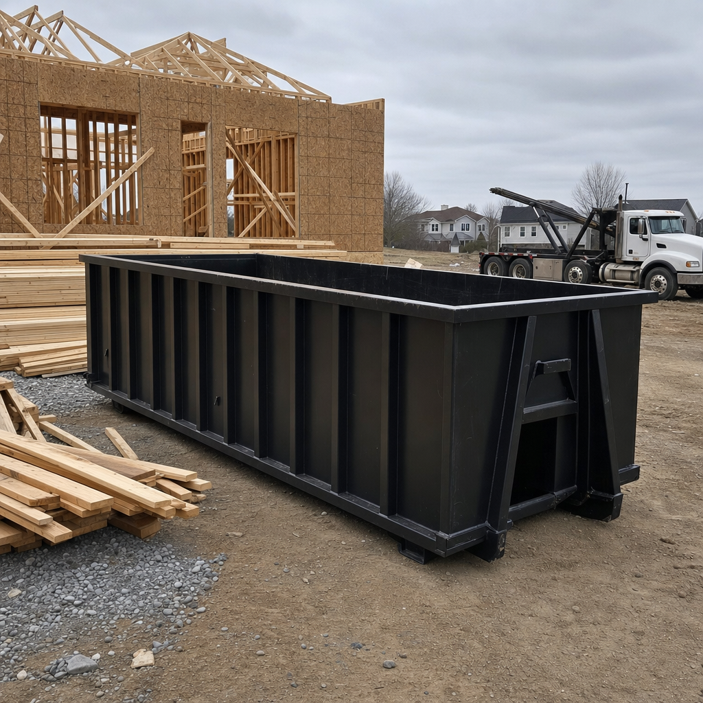 Matte-black 40-yard roll-off dumpster staged on a framed-out residential construction site in Denver, framing lumber stacked nearby, hooklift delivery truck visible in the background under bright Colorado daylight