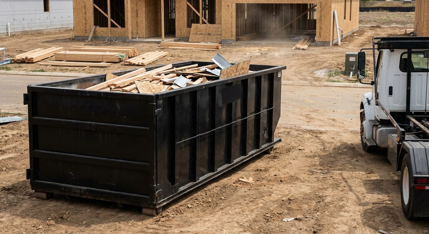 Matte-black 20-yard roll-off construction dumpster with heavy ribbed steel sidewalls and swing rear doors at a working jobsite in Denver, sitting directly on compacted dirt with an unmarked white hauler partially visible at the far edge of the frame.