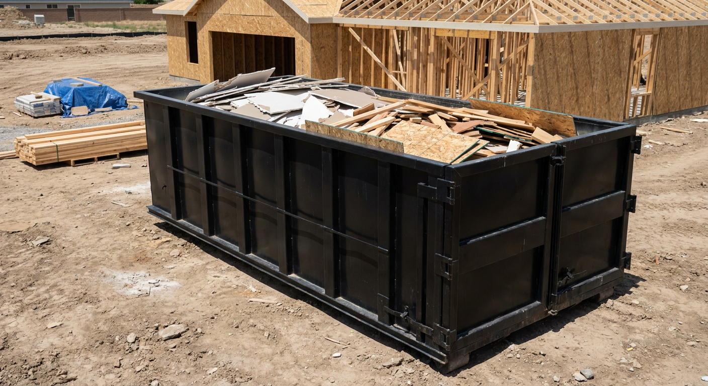 Matte-black 30-yard roll-off construction dumpster sitting directly on the compacted-dirt site of a framed single-family home build in Denver, drywall and lumber scrap loaded inside.