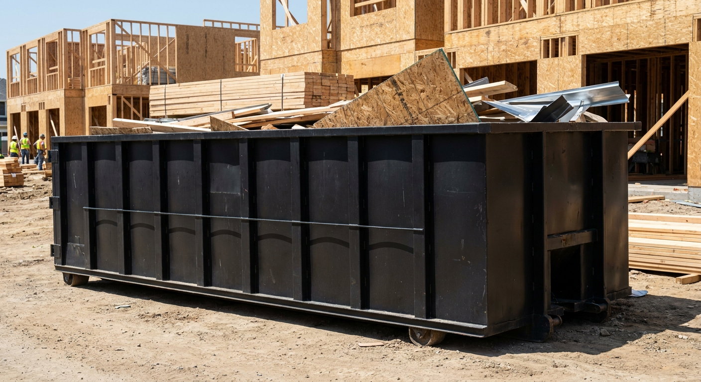 Matte-black 40-yard roll-off construction dumpster being lowered from a white-cab hooklift delivery truck onto the compacted-dirt jobsite at a commercial build site in Denver