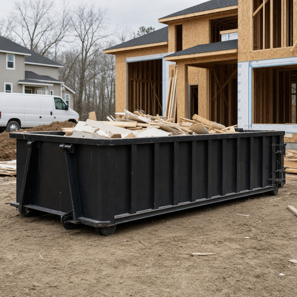 Worker in a yellow high-visibility vest tossing framing lumber and broken drywall into a matte-black 30-yard construction roll-off dumpster on an active build site in Denver, bright daylight