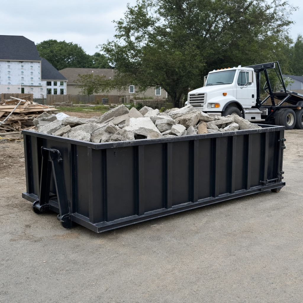Low-profile matte-black lowboy roll-off dumpster loaded with broken concrete slab and rebar at a foundation tear-out in Denver, skid steer parked beside it, sunny Colorado morning