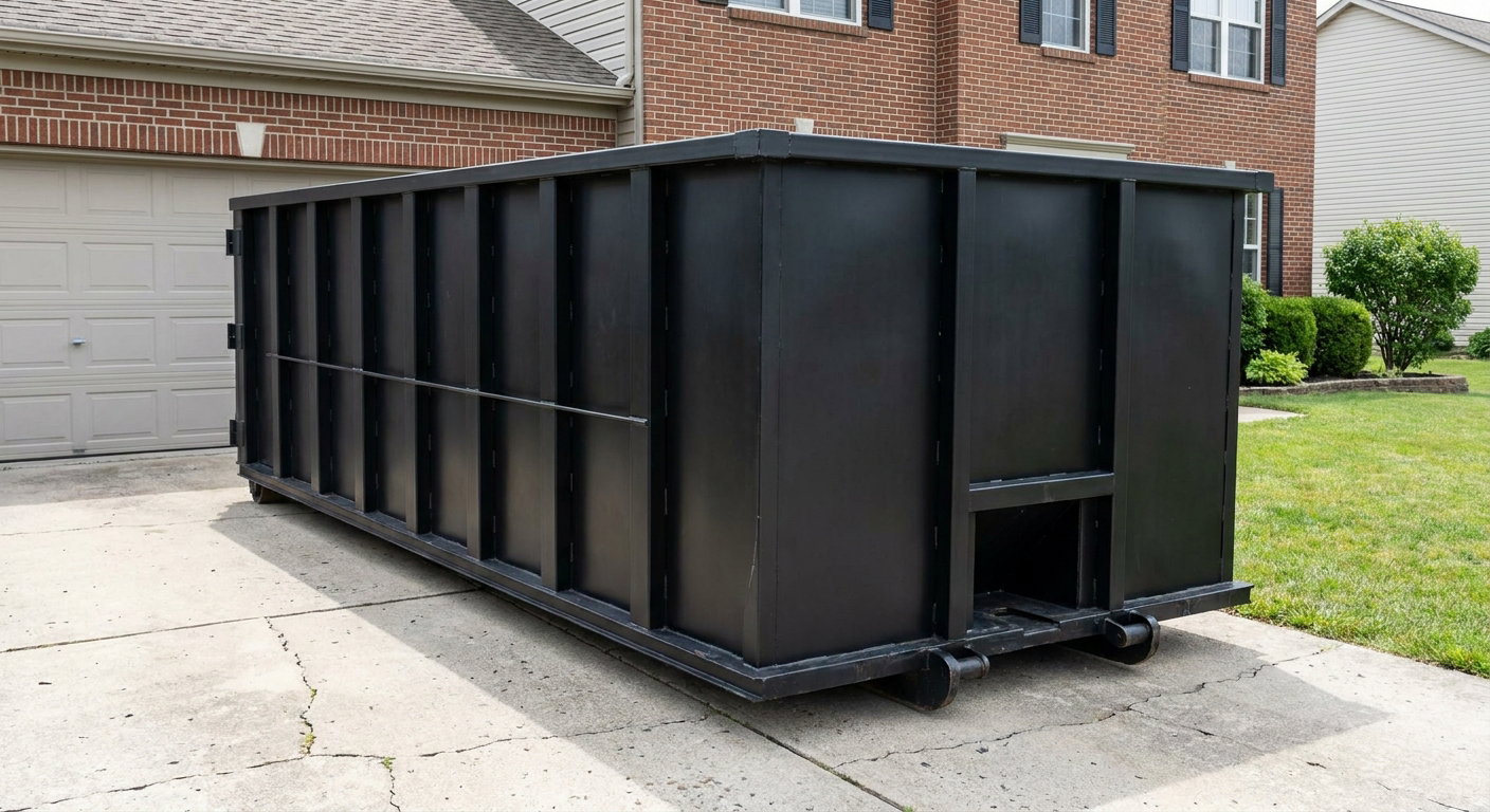Matte-black 20-yard roll-off container on a Denver residential concrete driveway with reinforced ribbed steel sidewalls and a hinged rear walk-in door, clean bright daylight.