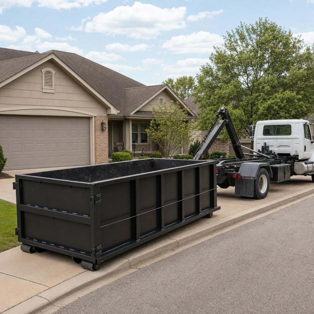 Wide documentary shot of a matte-black roll-off dumpster on a Denver residential driveway in the foreground and a contractor jobsite container in the soft-focus background, bright daylight, calm and orderly composition.