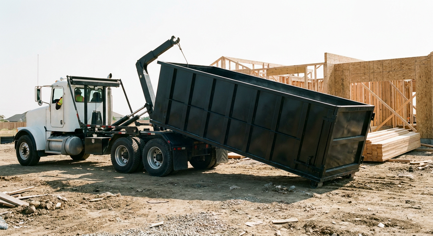 Matte-black roll-off dumpster being delivered onto a clean residential concrete driveway in Denver by an unmarked white hooklift hauler truck, bright morning daylight, documentary 35mm perspective.