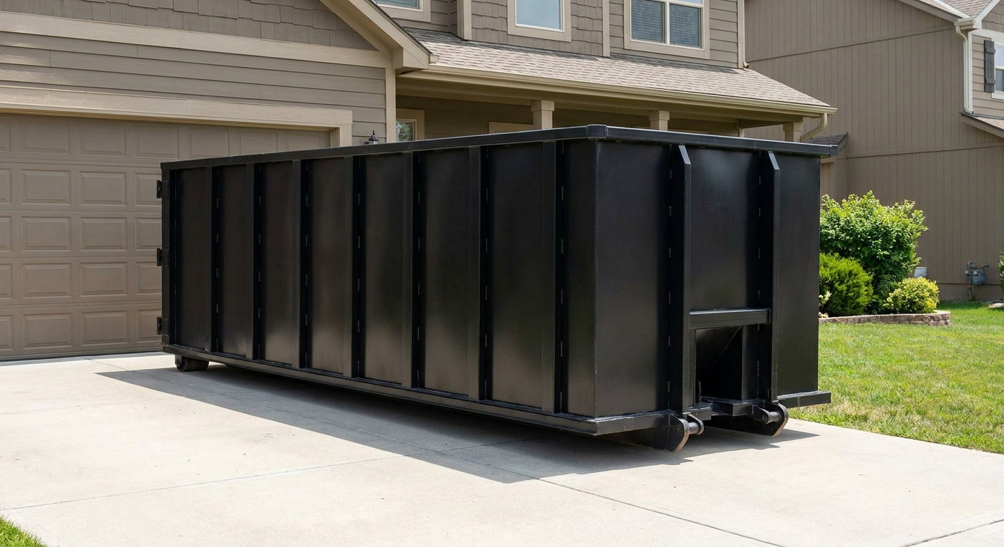 Matte-black residential roll-off dumpster sitting directly on a suburban Denver concrete driveway, garage door closed, single-family home in background, bright morning daylight.