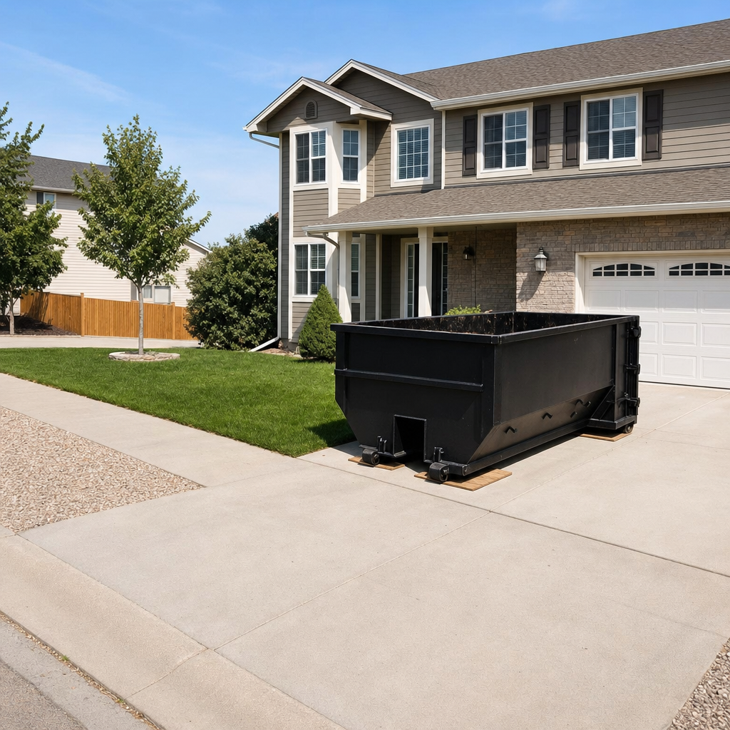 10-yard matte-black residential dumpster placed directly on a narrow Denver concrete driveway, room remains for a parked sedan beside it, mid-morning natural light