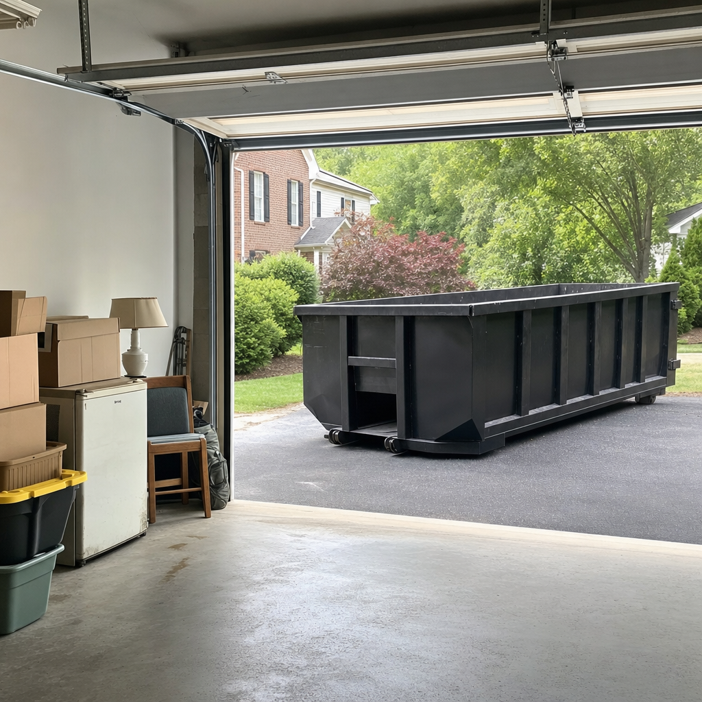 Open garage interior in a Denver home mid-cleanout — boxed items, an old appliance, and stacked yard tools queued near the driveway for a matte-black roll-off dumpster, organized and calm