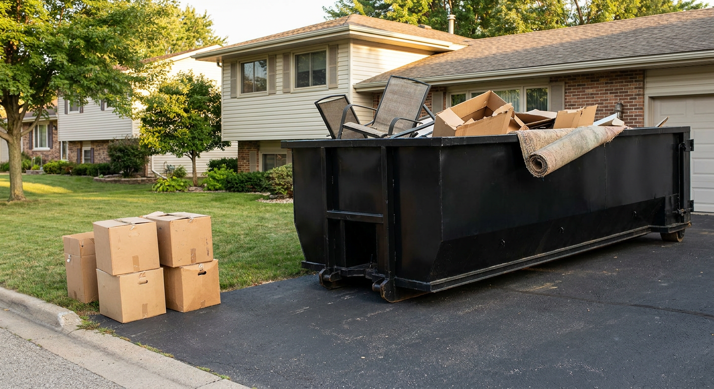 Front-yard view of a Denver split-level home with a 20-yard matte-black roll-off dumpster sitting directly on the asphalt driveway, a few clearly labeled donation boxes staged at the curb, calm sunny afternoon.
