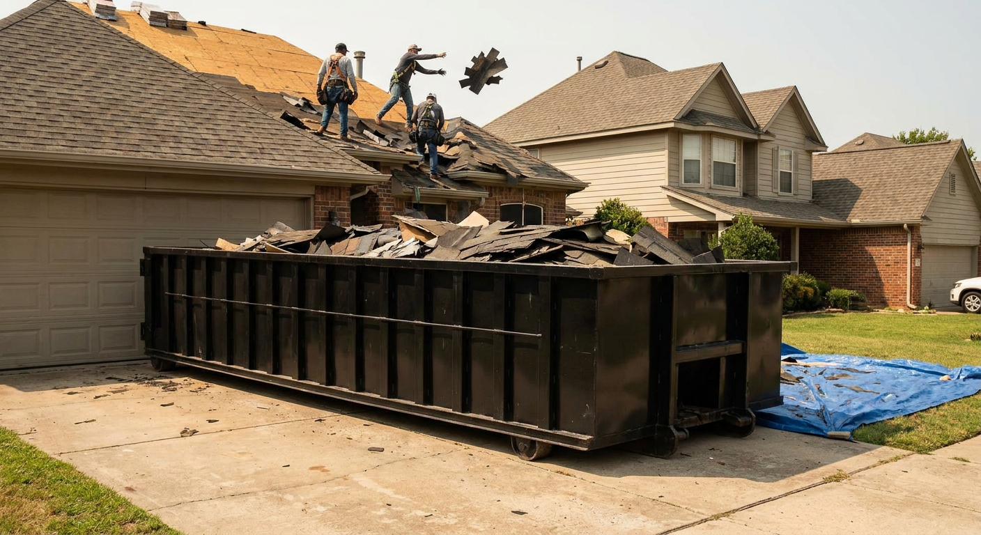 Matte-black roofing roll-off dumpster placed directly on a Denver residential concrete driveway, a tear-off crew on a two-story asphalt-shingle roof tossing shingle bundles into the low-walled container, bright daylight, documentary 35mm perspective.