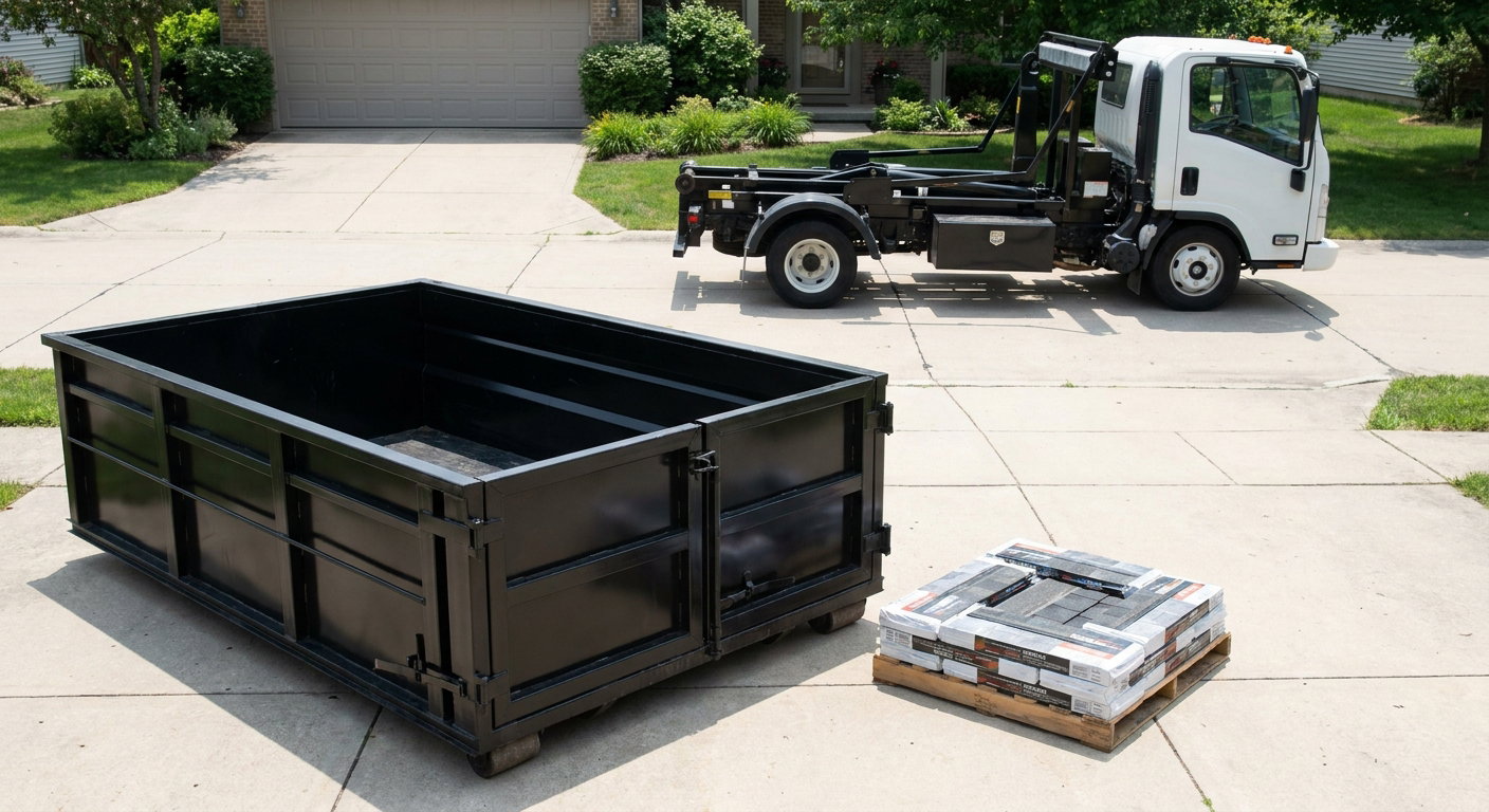 Matte-black 15-yard roofing roll-off dumpster with reinforced low side walls sitting directly on a Denver residential concrete driveway, three-tab asphalt shingle bundles stacked nearby, an unmarked white hauler truck partially visible at the edge of the frame.