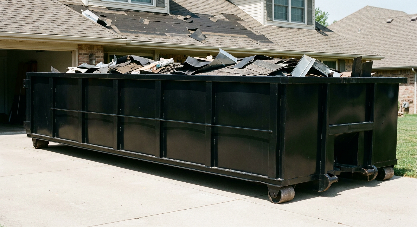 Matte-black 20-yard roofing roll-off dumpster with steel ribbed sides and swinging rear door, sitting directly on the concrete driveway of a two-story Denver home, asphalt shingle debris being loaded over the low wall, clean documentary lighting.