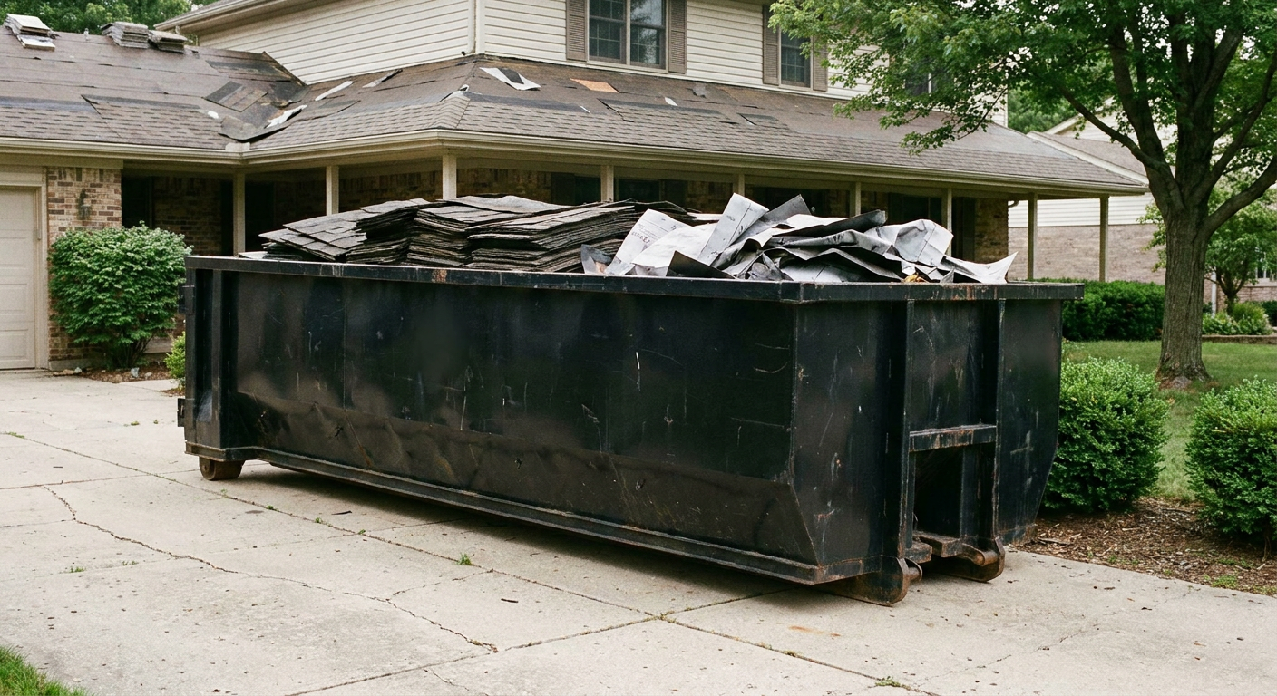 Matte-black 30-yard roofing roll-off dumpster sitting directly on a Denver concrete driveway, taller ribbed steel side panels, mixed tear-off debris of asphalt shingles and underlayment inside, professional documentary daylight.
