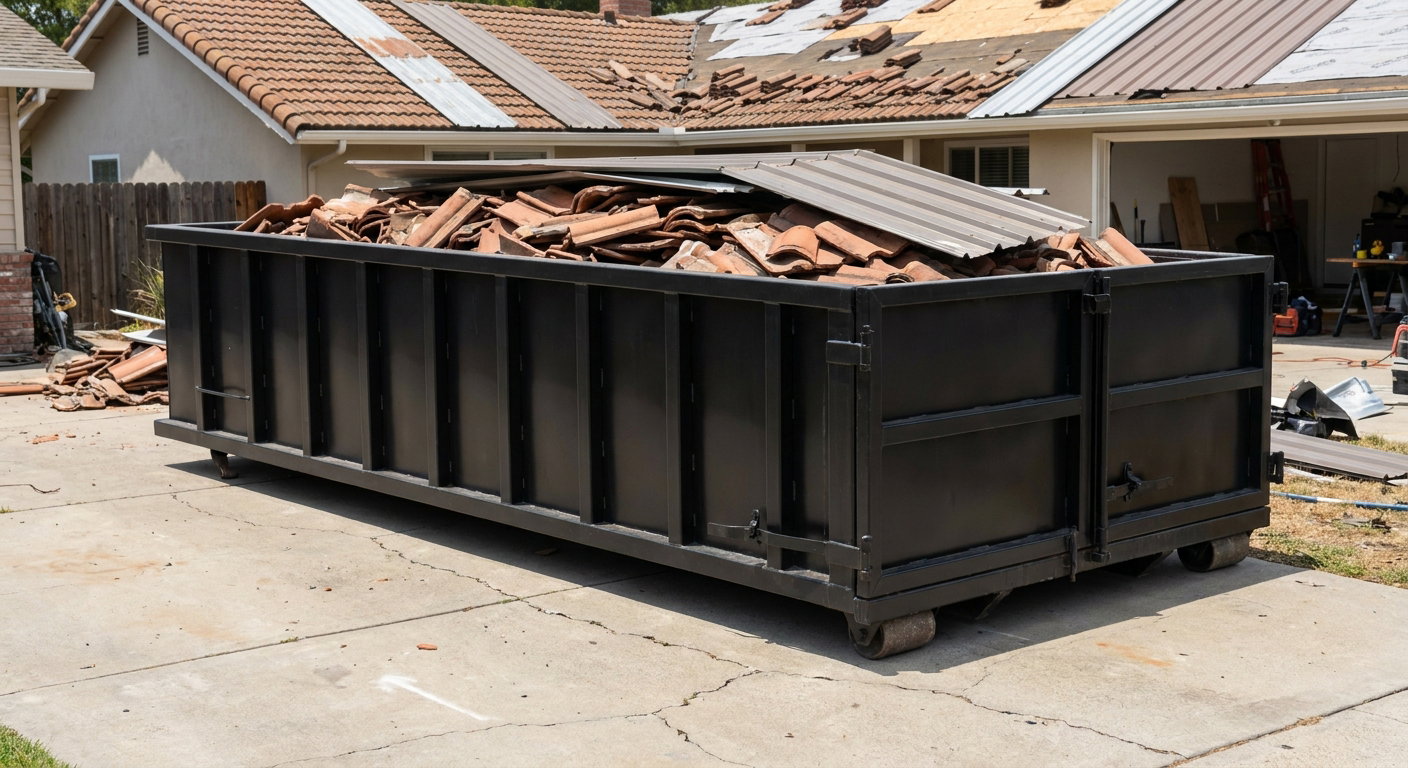 Matte-black low-wall heavy-debris roofing roll-off dumpster sitting directly on a Denver concrete driveway, broken concrete clay roof tiles and metal panel sections loaded inside, reinforced ribbed steel side walls visible, bright outdoor daylight.