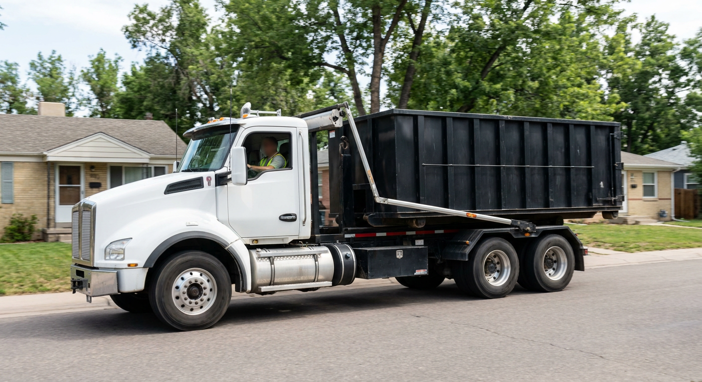 A wide documentary shot of a matte-black roll-off delivery truck pulling onto a quiet Denver residential street at mid-morning, with neighborhood rooftops and tree-lined blocks visible behind, showing the metro coverage footprint.