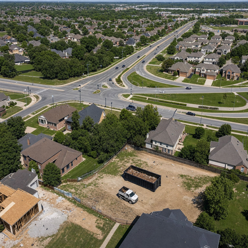 An overhead documentary view of the Denver metro area at midday, showing the spread of neighborhoods, arterial roads, and the dispatch radius from a central yard — clean daylight, organized geographic layout.