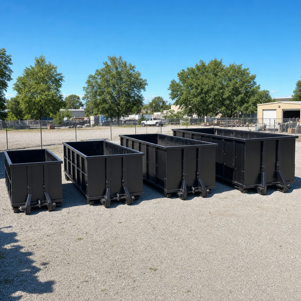 A clean lineup of matte-black roll-off dumpsters in 10, 20, 30, and 40-yard sizes staged on a sunlit gravel yard in Denver, showing the size progression from compact to commercial-scale containers.
