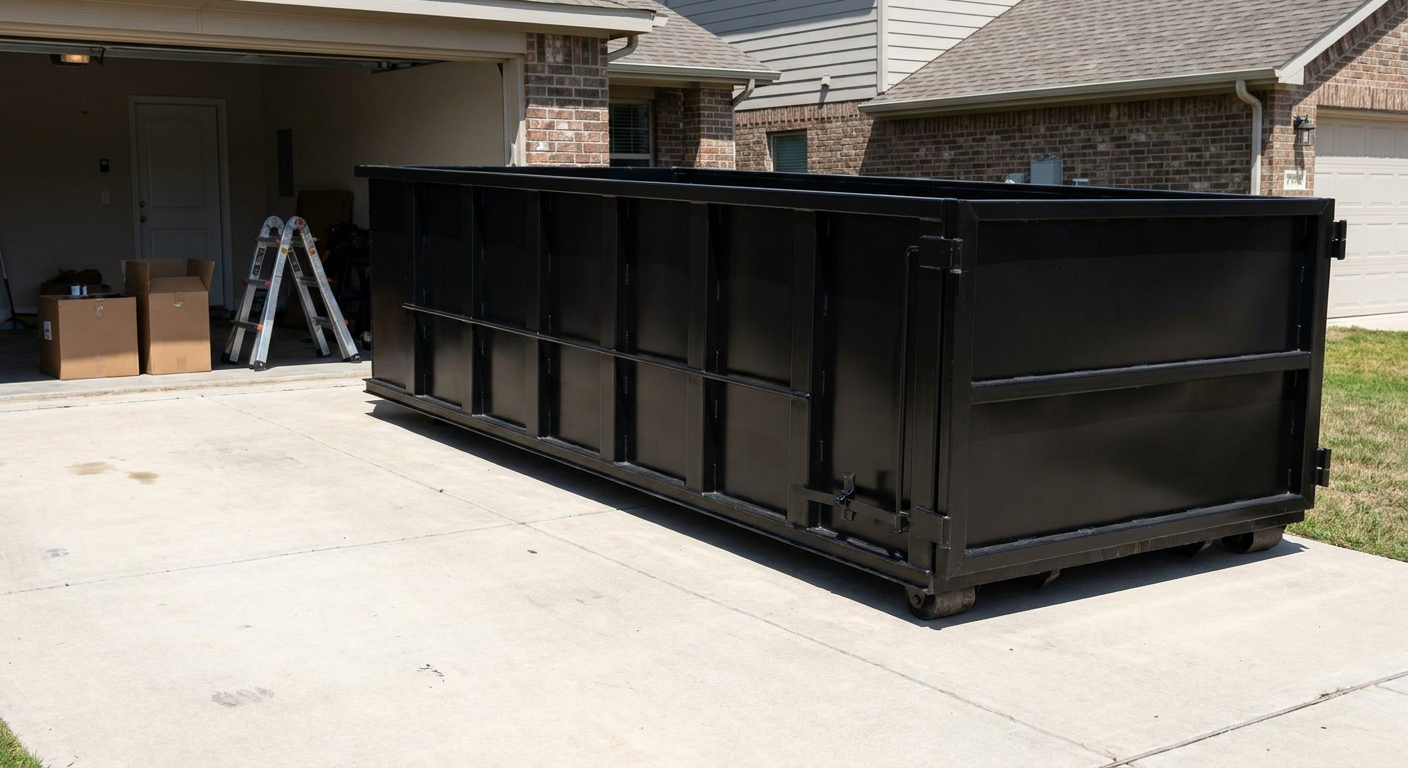 A matte-black 10-yard roll-off dumpster sitting directly on a residential Denver concrete driveway, mid-day sunlight, clean and ready for a garage cleanout.