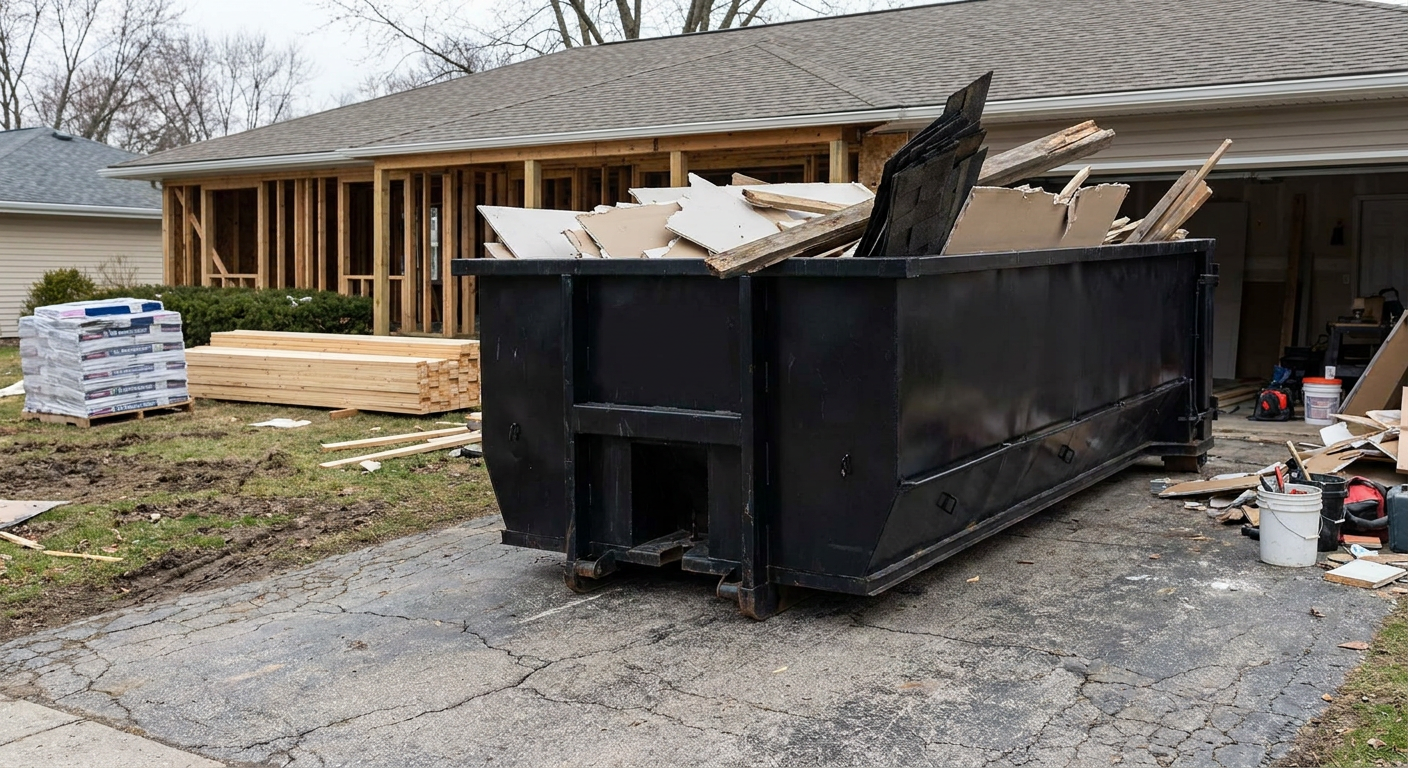 A matte-black 20-yard roll-off dumpster placed alongside a mid-renovation Denver home directly on the asphalt driveway, with framing materials and torn-off shingles staged neatly nearby.