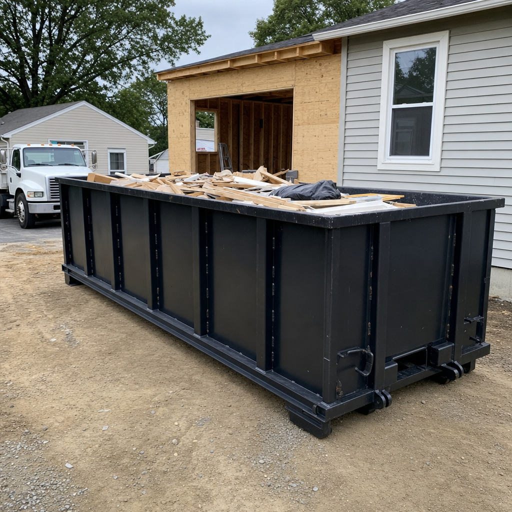 A matte-black 30-yard roll-off dumpster positioned at a Denver residential addition jobsite, with framing lumber and drywall scraps loaded through the open swinging rear doors.