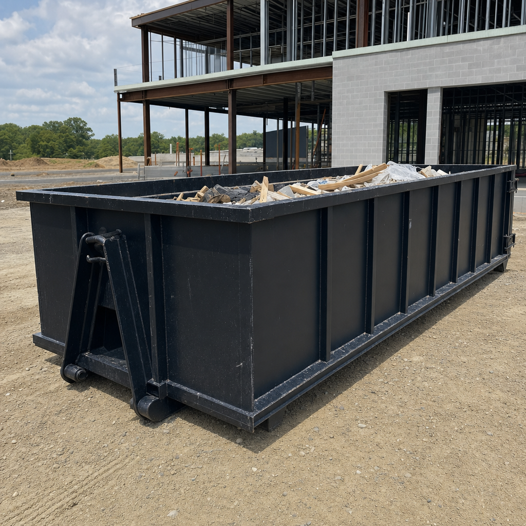 A matte-black 40-yard roll-off dumpster staged on a large Denver commercial construction lot, with a hooklift delivery truck parked alongside under bright midday sky.