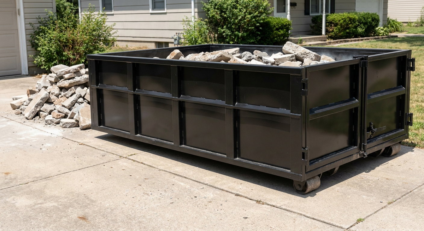 A matte-black low-side heavy-debris roll-off dumpster placed directly on a Denver concrete driveway, with broken concrete chunks neatly stacked beside it under clean daylight.